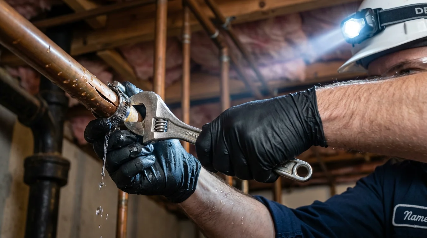 Emergency pipe clamp repair being performed by a Johns Plumbing LLC plumber in Pleasant Grove
