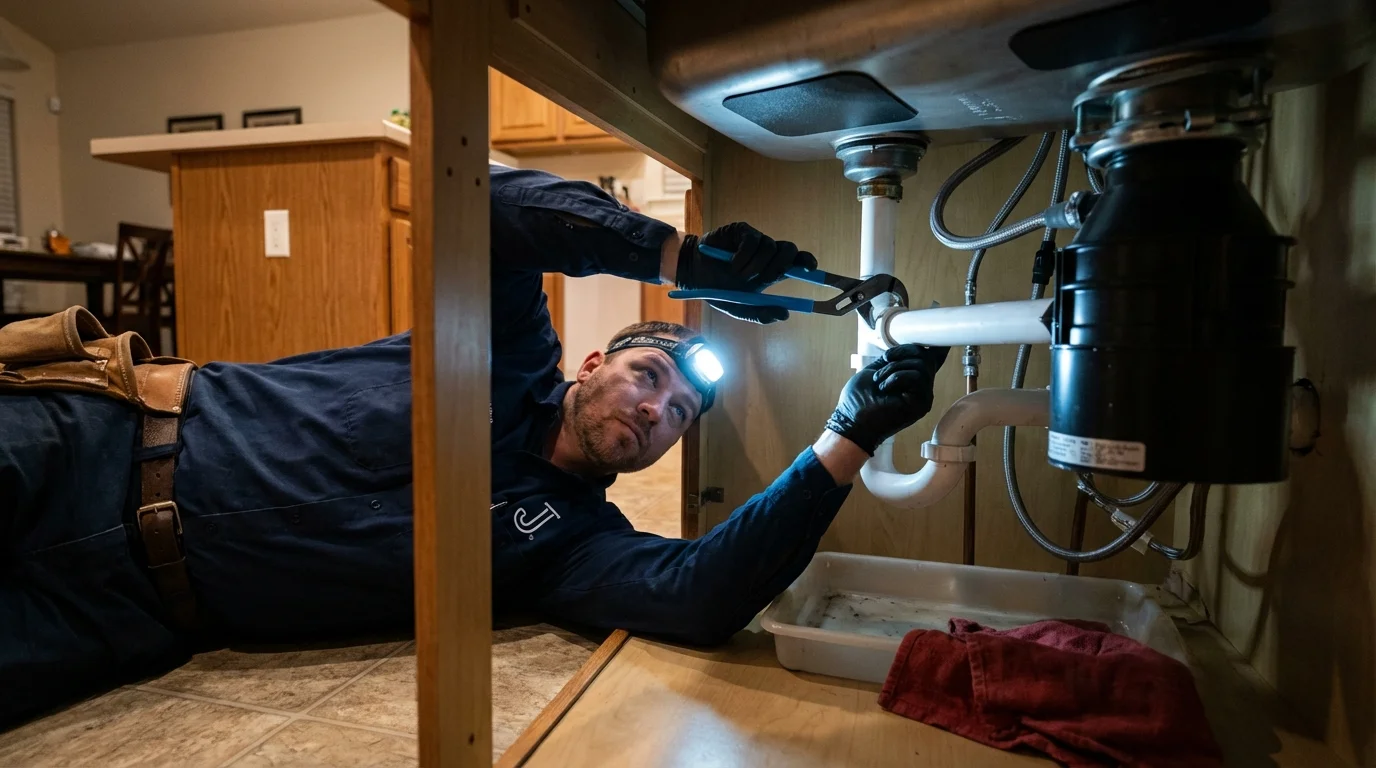 P-trap and supply line connections under a kitchen sink showing a common leak point in Pleasant Grove, AL